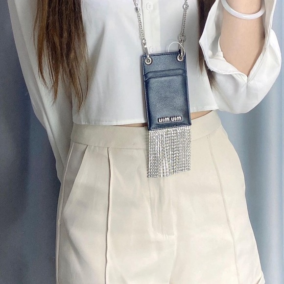 SOLD Authentic Miu Miu Black Crystal Embellished Leather Lanyard Card Case Bag. - Picture 4 of 4